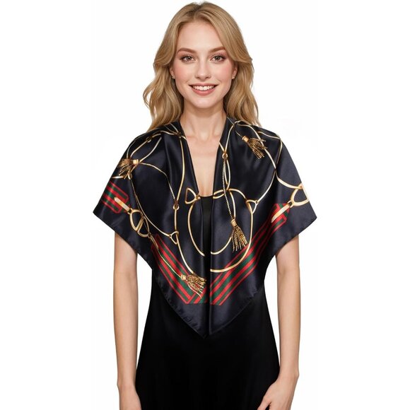 Women's Red/Green Head Scarf Like Silk Printed Square Hair Bandanas 35 Inches - Picture 4 of 7